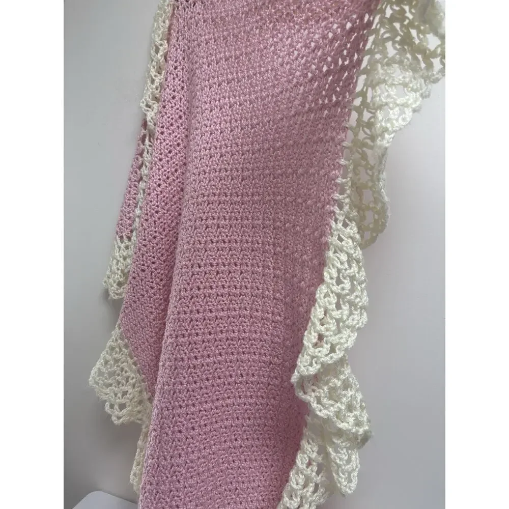 Handmade Crochet Baby‎ Blanket Pink Cream Ruffle Border Soft Yarn 44x29